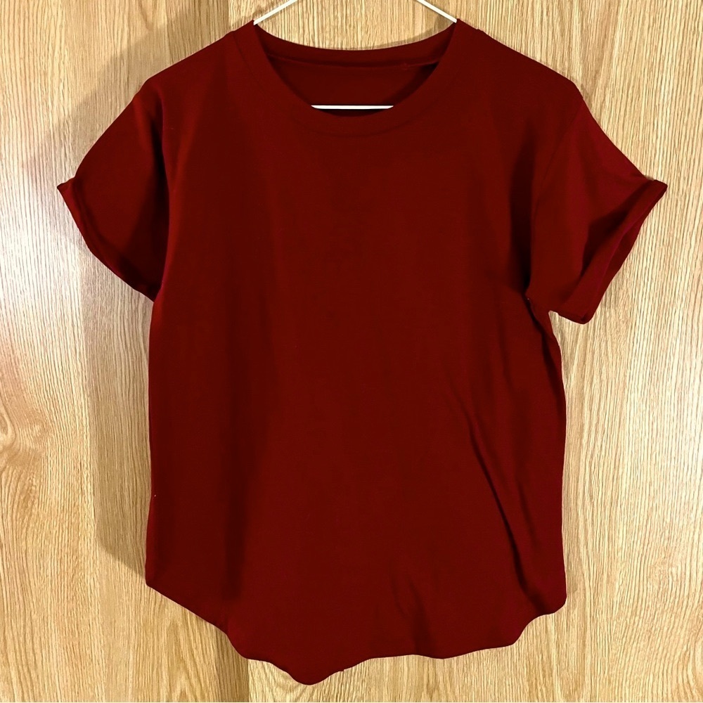 Maroon Basic Plain Crew Tee Top Rolled Cap Sleeve